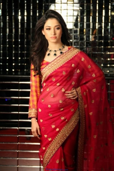 Tamannah Latest Stills in Red and Green Saree