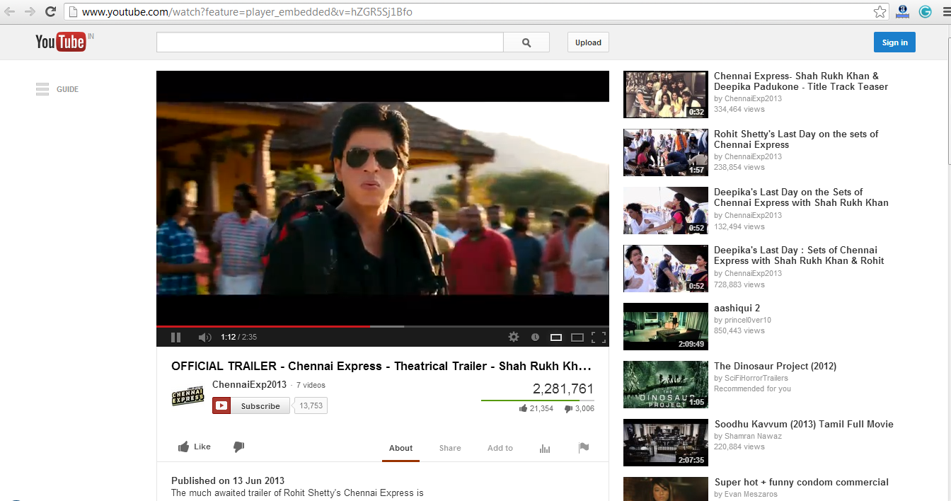 SRK’s Chennai Express Trailer Rocking in Youtube